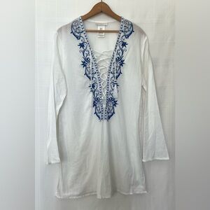 La Blanca White Tunic with Blue Embroidered V-Neck